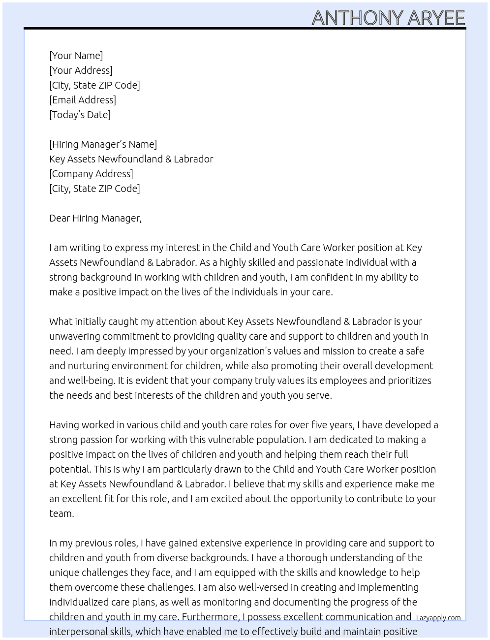 Child and Youth Care Worker At Hiring Manager Cover Letter