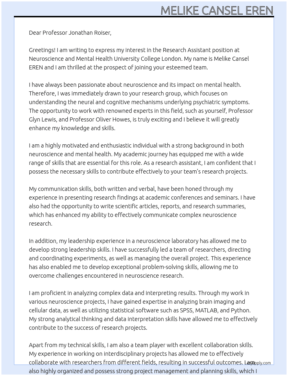 Research Assistant  At Neuroscience and Mental Health  University College London Cover Letter