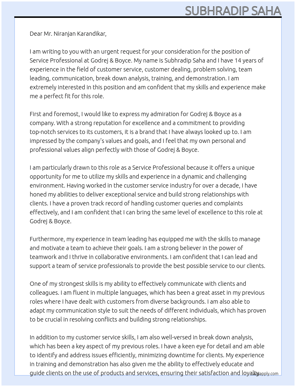 Service Professional At Godrej & Boyce Cover Letter