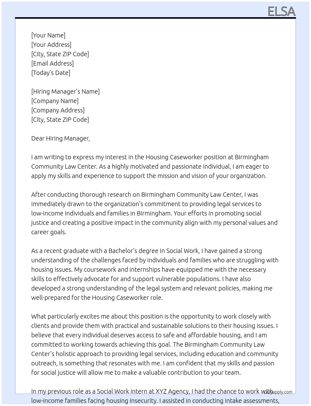 housing caseworker  At birmigham community law center Cover Letter