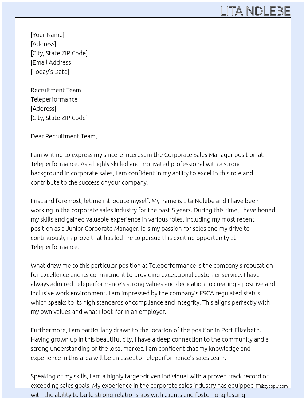 Corporate Sales Manager At Teleperformance Cover Letter