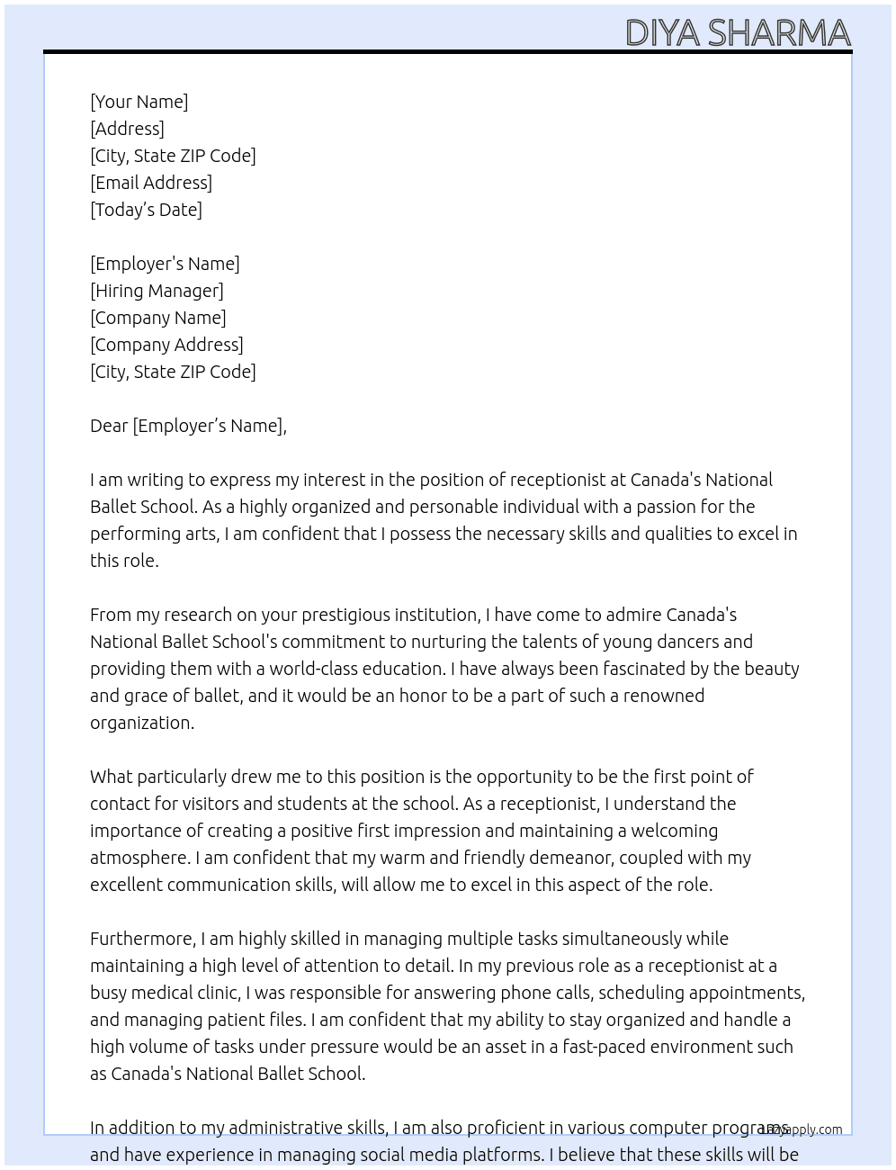 receptionist At Canada's National Ballet School Cover Letter