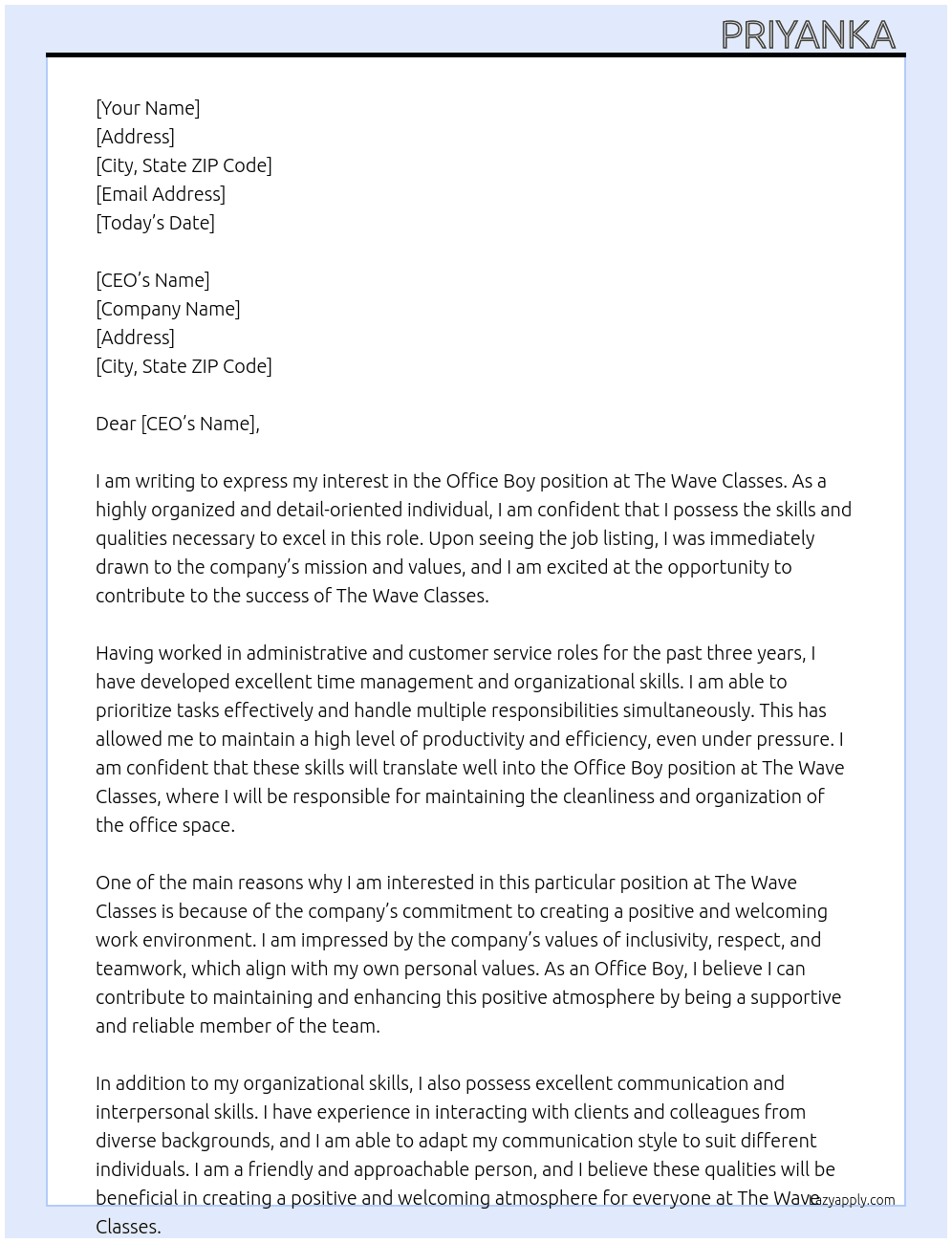 Office Boy At The wave classes Cover Letter