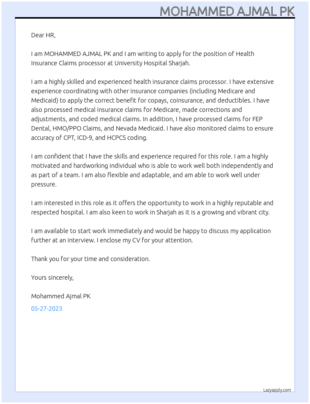 Health Insurance Claims processor At University Hospital Sharjah Cover Letter