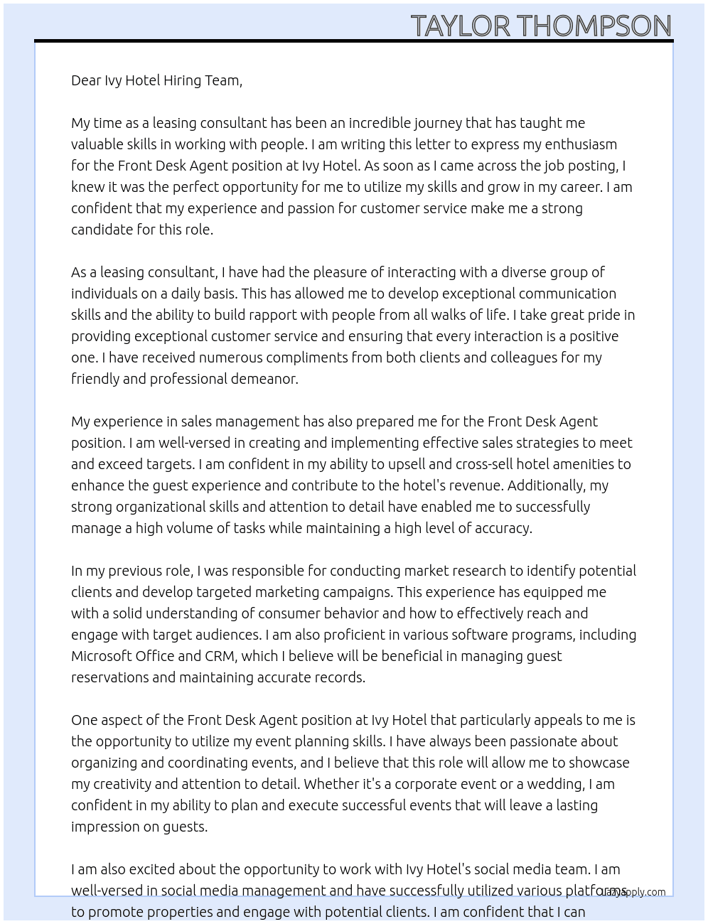 Front desk agent  At Ivy hotel Cover Letter