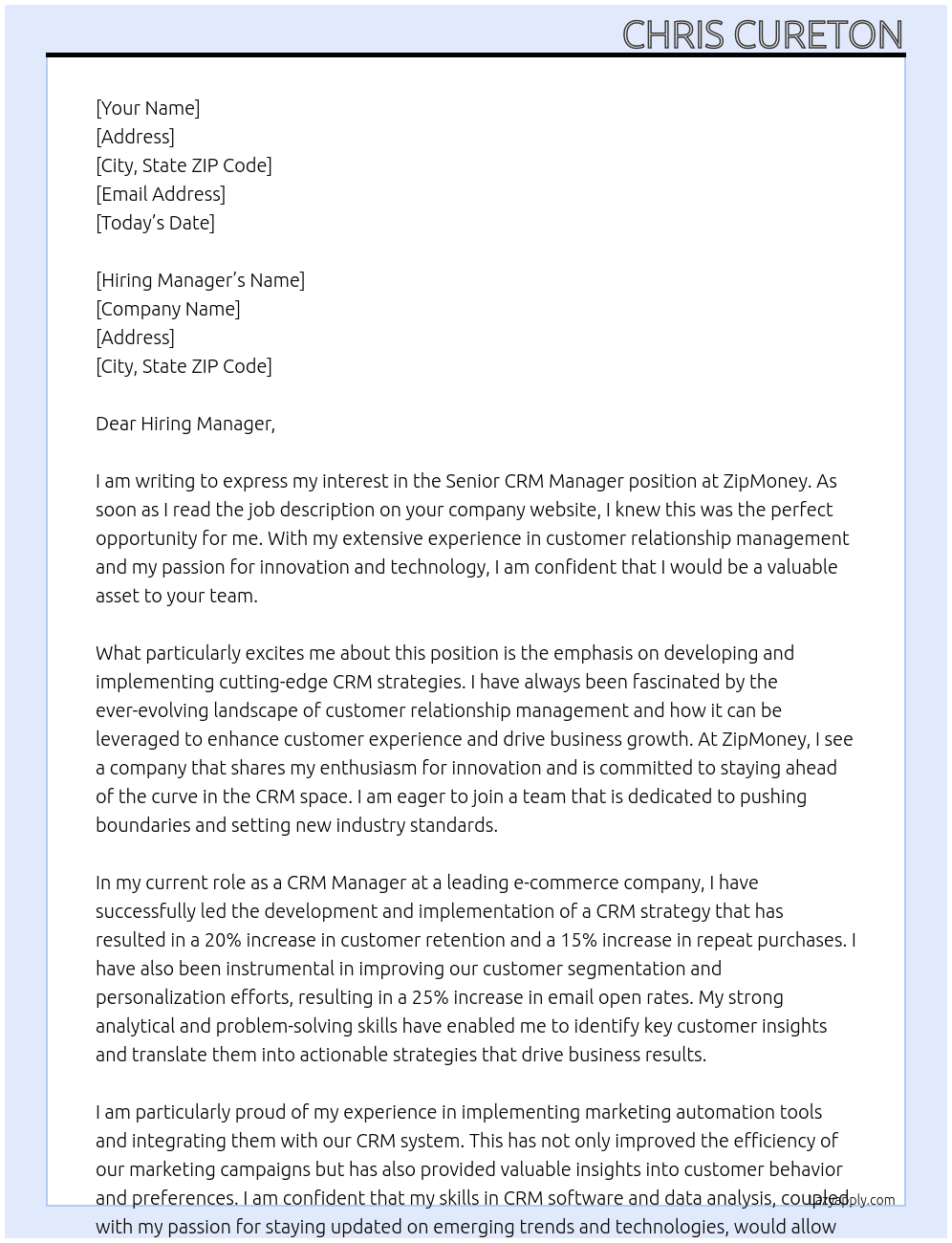 Senior CRM Manager At ZipMoney  Cover Letter