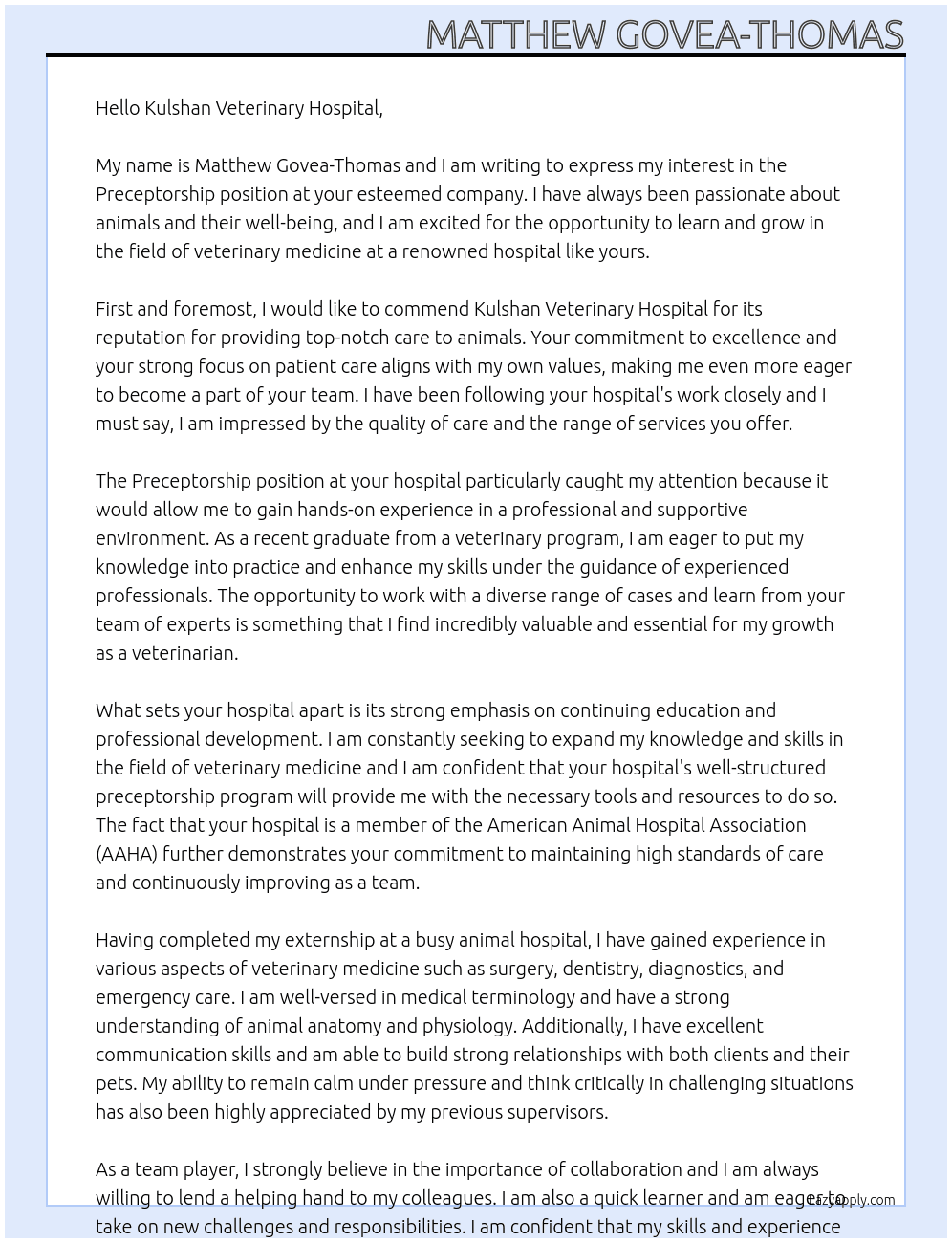 Preceptorship At Kulshan Veterinary Hospital Cover Letter