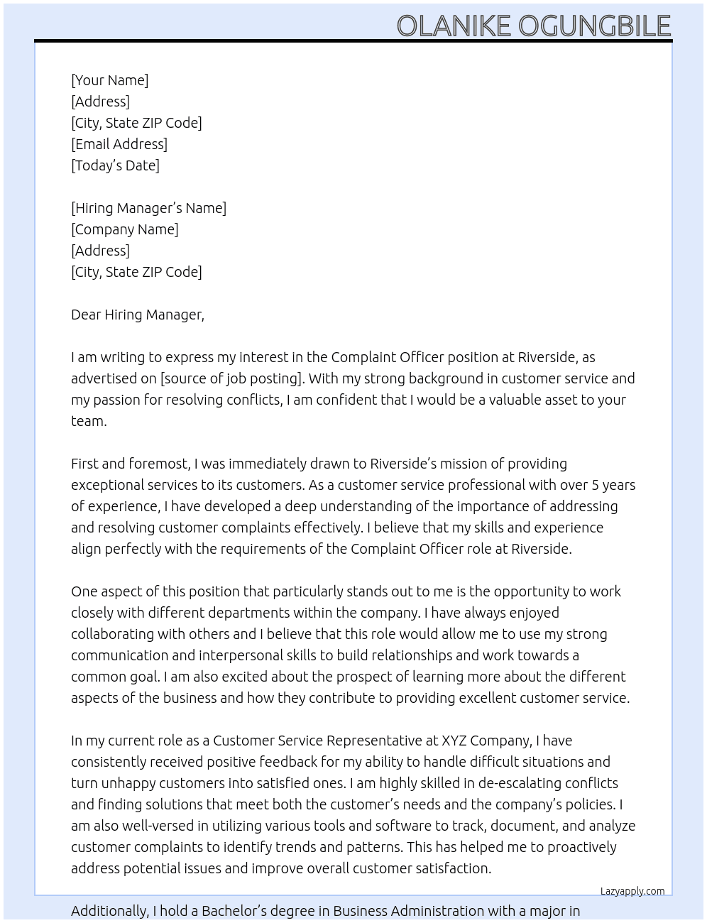 complaint officer At Riverside Cover Letter