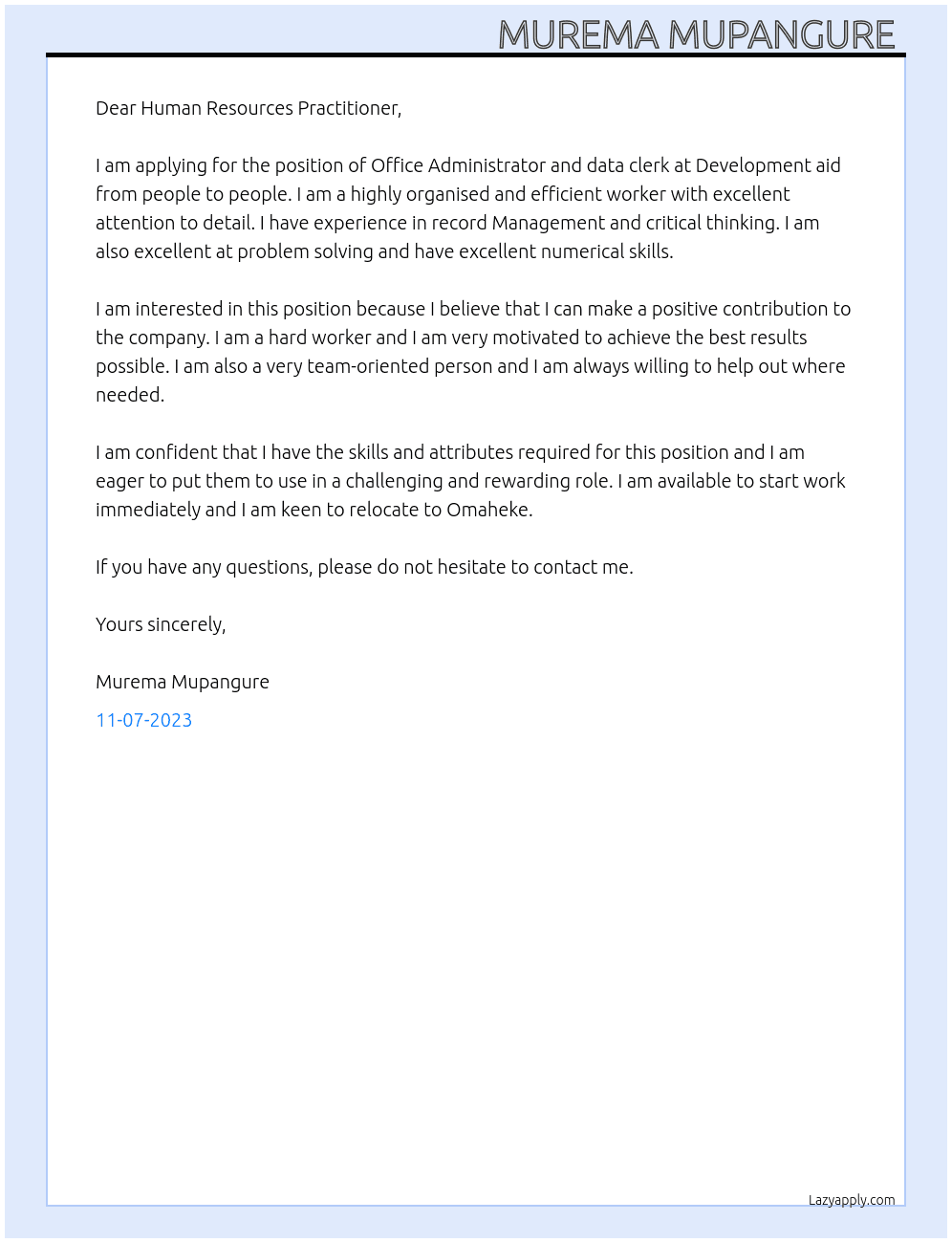 Office Administrator and data clerk  At Development aid from people to people  Cover Letter