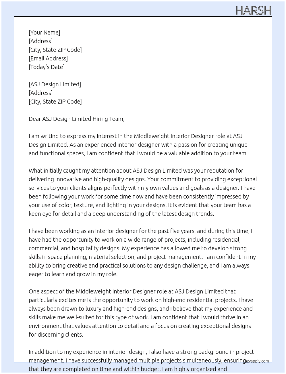 Middleweight Interior Designer At ASJ Design Limited Cover Letter
