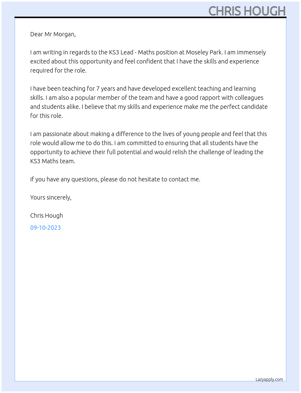 KS3 Lead - Maths At Moseley Park Cover Letter