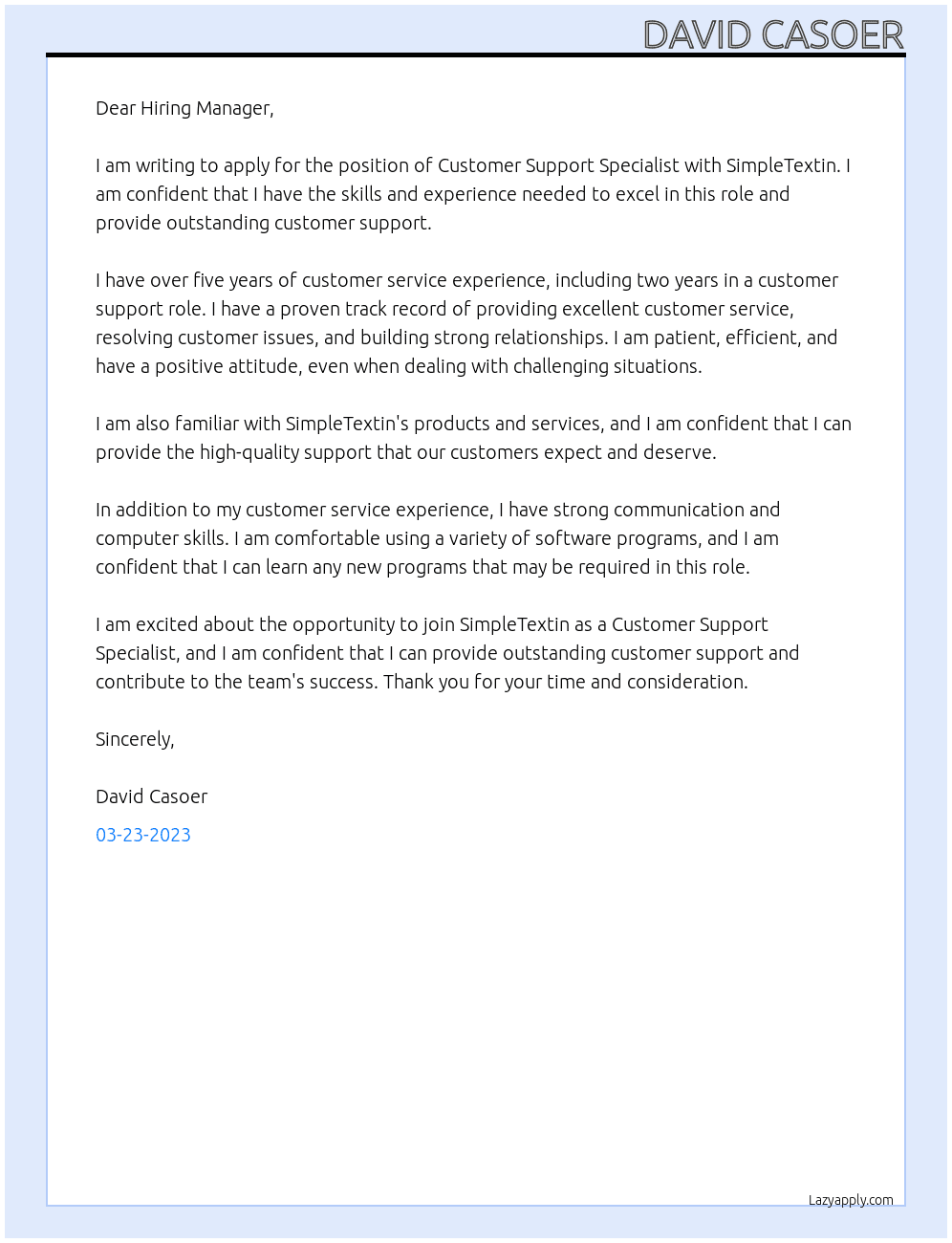 Customer Support Specialist At SimpleTextin Cover Letter