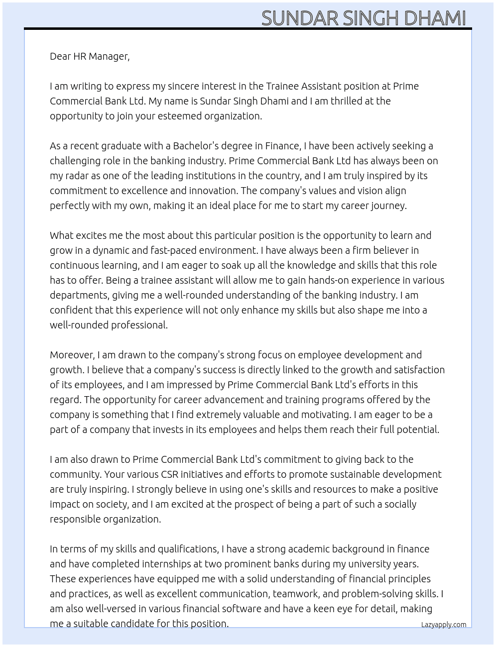 Trainee assistant  At Prime Commercial Bank Ltd  Cover Letter