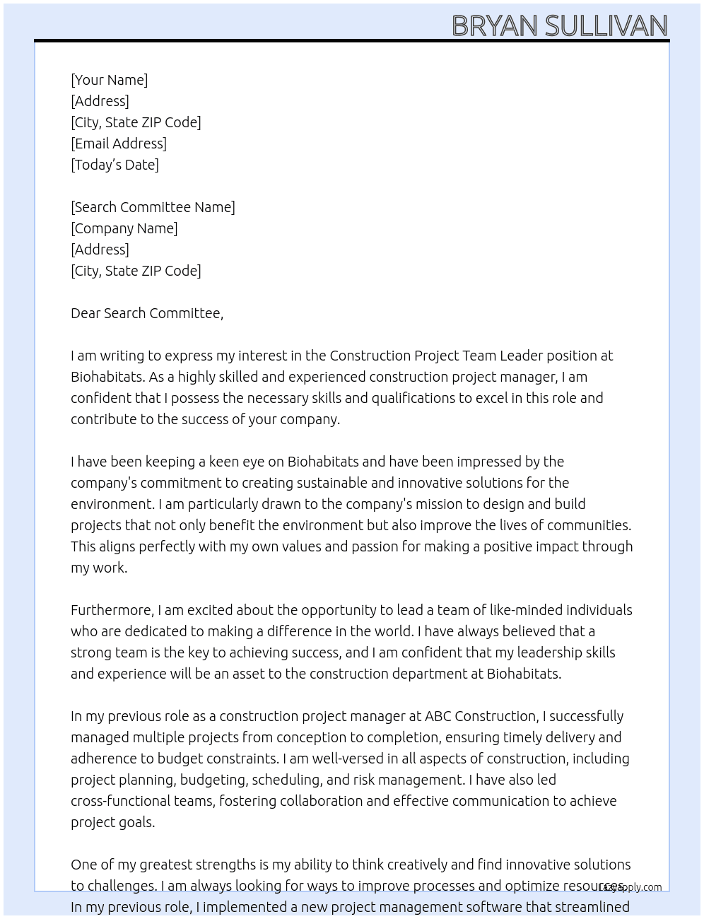 Construction Project Team Leader At Biohabitats Cover Letter