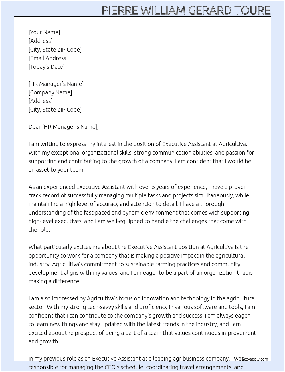 executive assistant  At Agricultiva Cover Letter