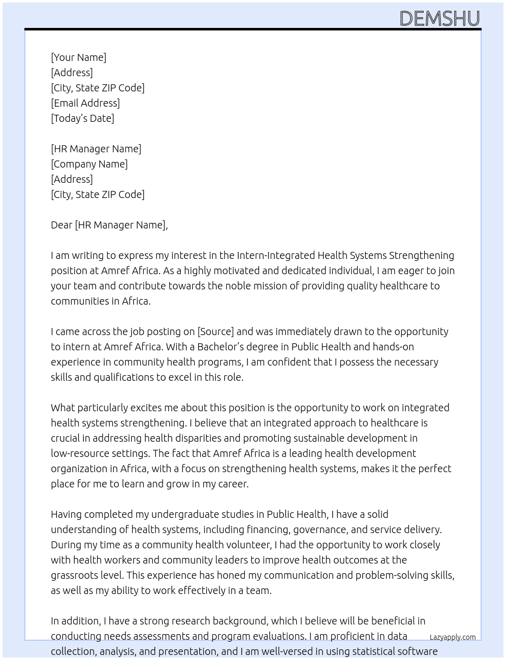 Intern-Integrated Health Systems Strengthening At Amref Africa Cover Letter