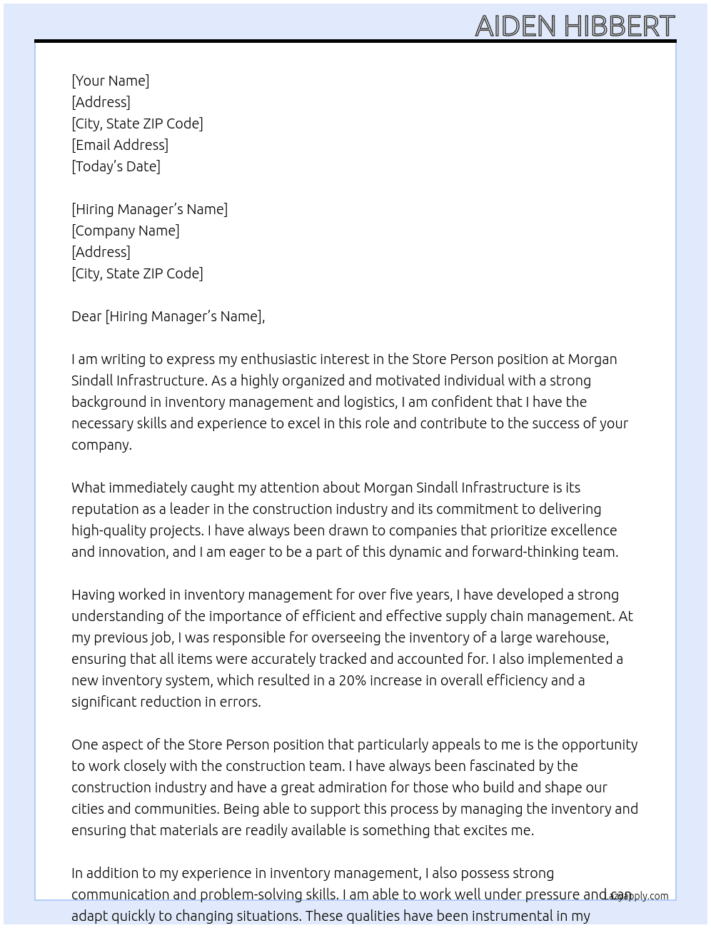Store person  At Morgan Sindall Infrastructure  Cover Letter