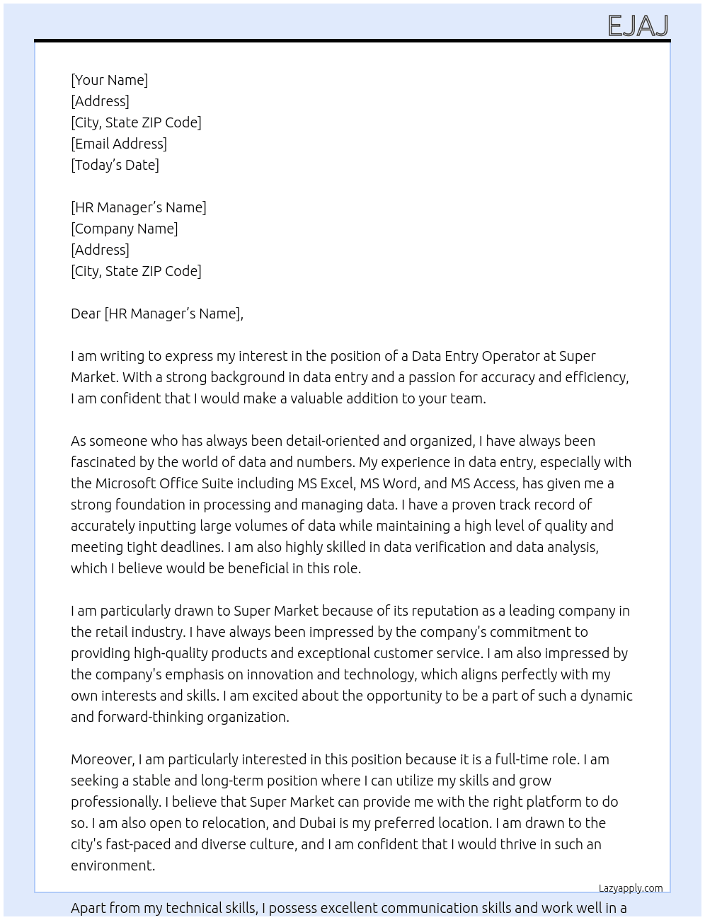 Data entry operator  At Super market  Cover Letter