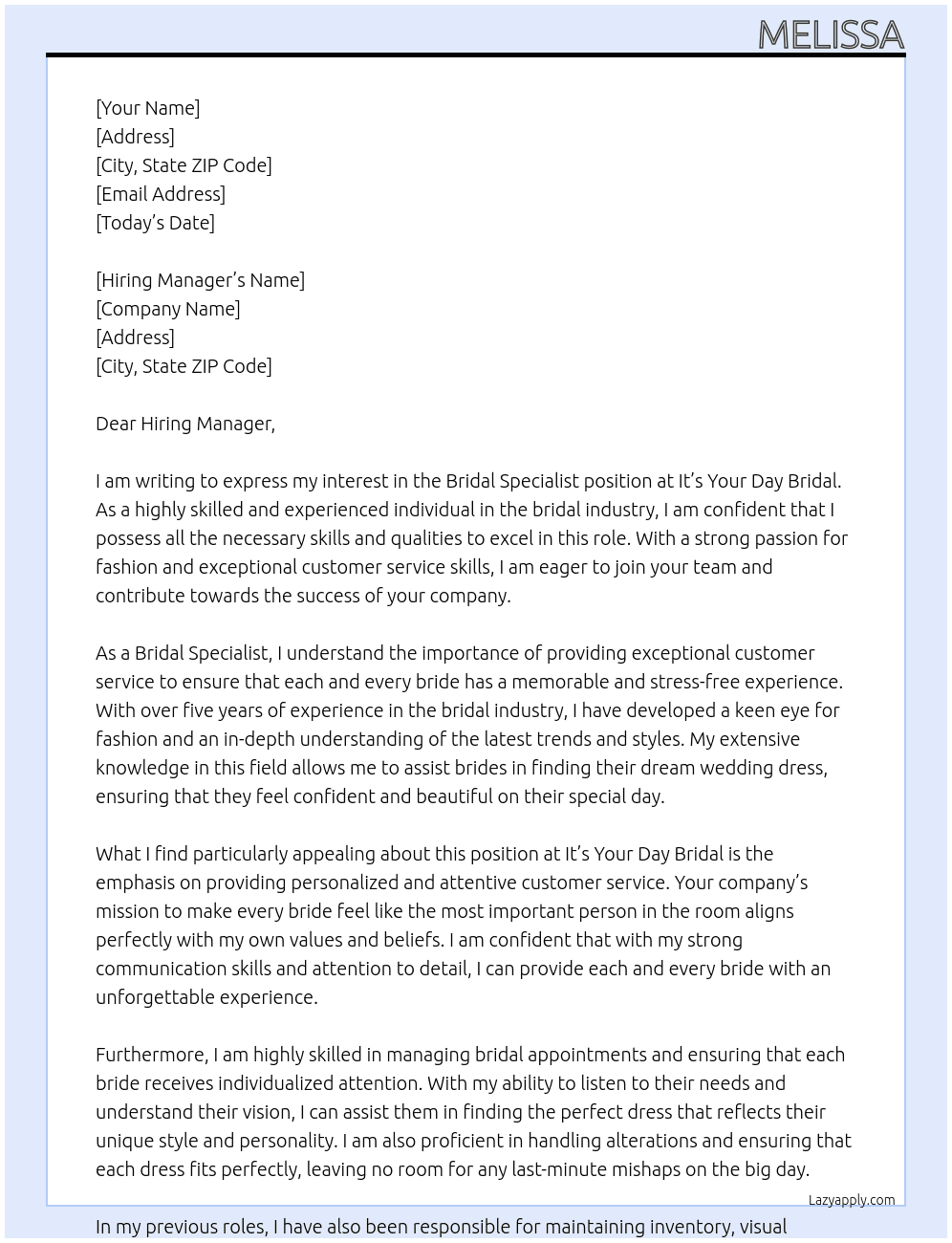  Bridal specialist  At It's your day bridal  Cover Letter