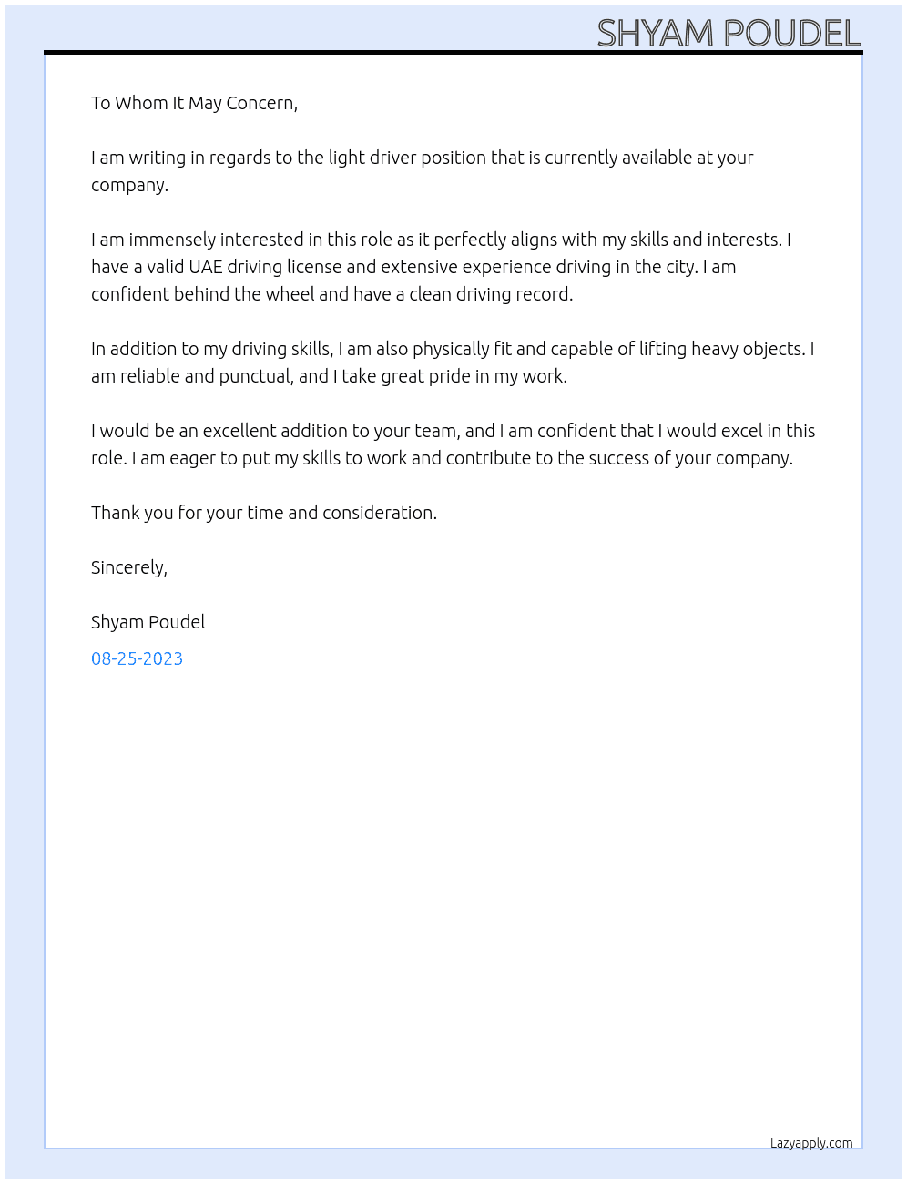 Light driver At dubai confidantel Cover Letter