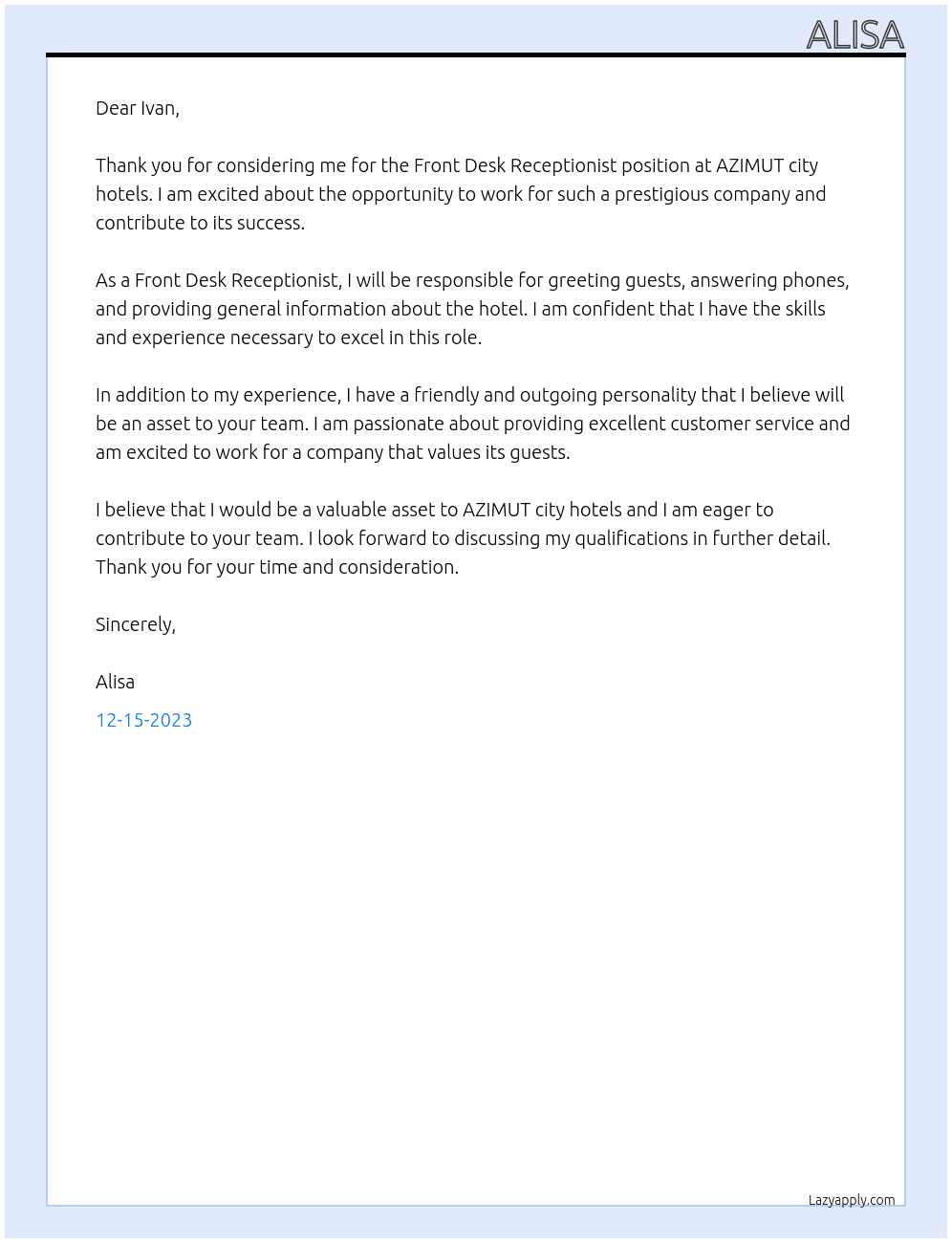 Front Desk Receptionist At AZIMUT city hotels Cover Letter