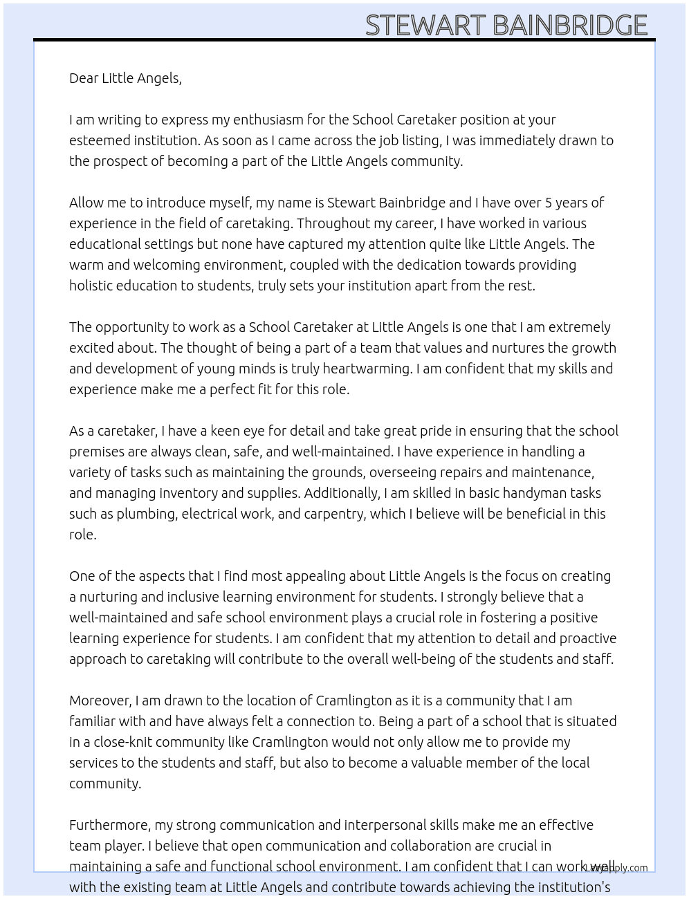 School caretaker  At Little Angels Cover Letter