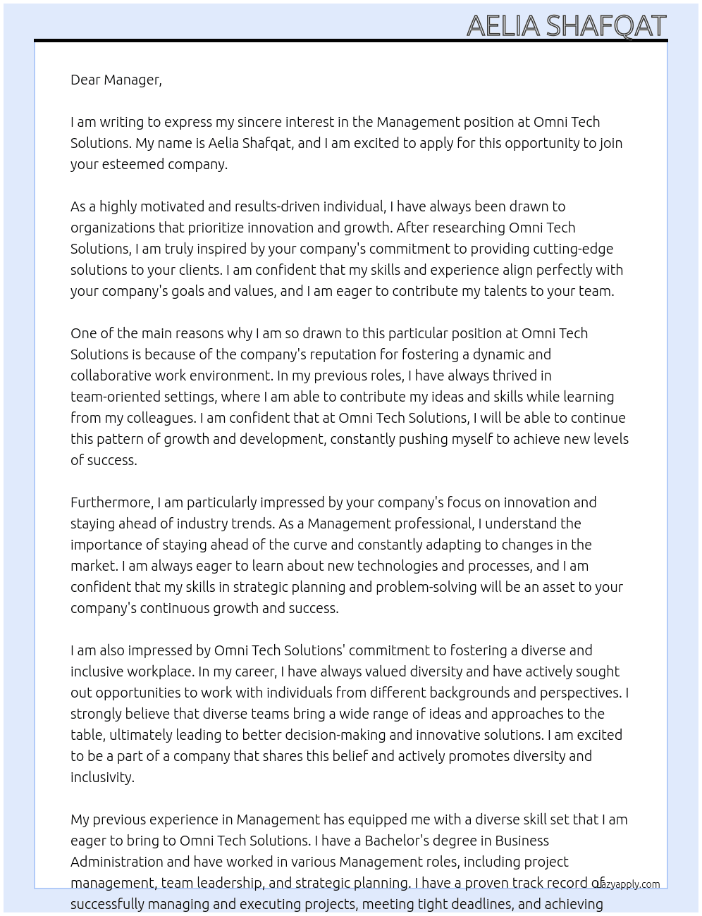 Management At Omni Tech Solutions  Cover Letter