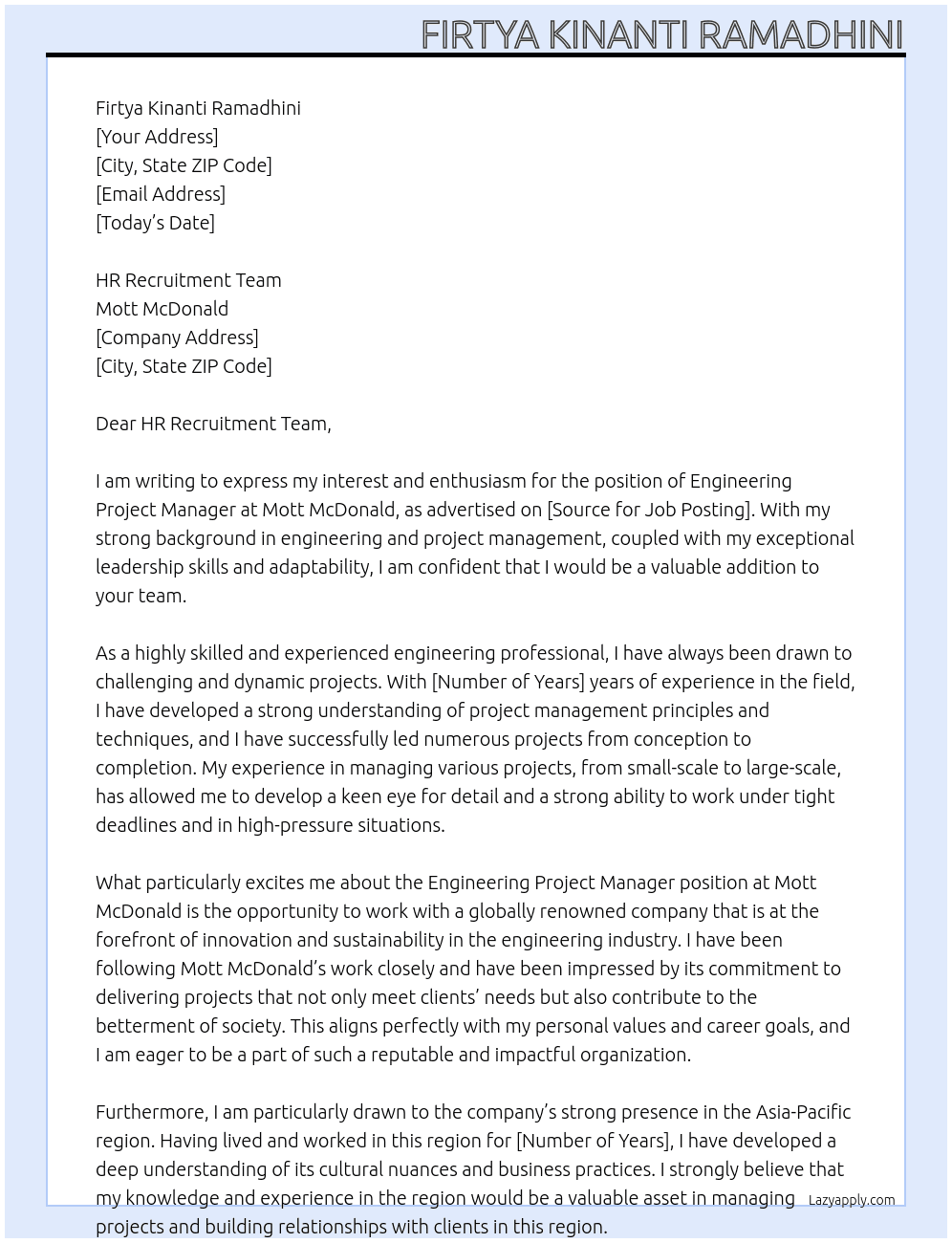 engineering project management At Mott Mcdonald Cover Letter