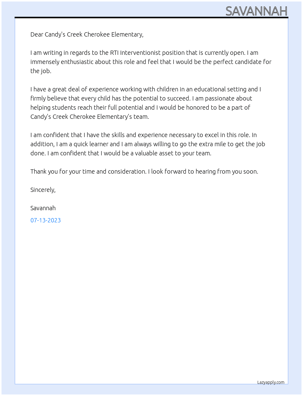 RTI Interventionist At Candy's Creek Cherokee Elementary  Cover Letter