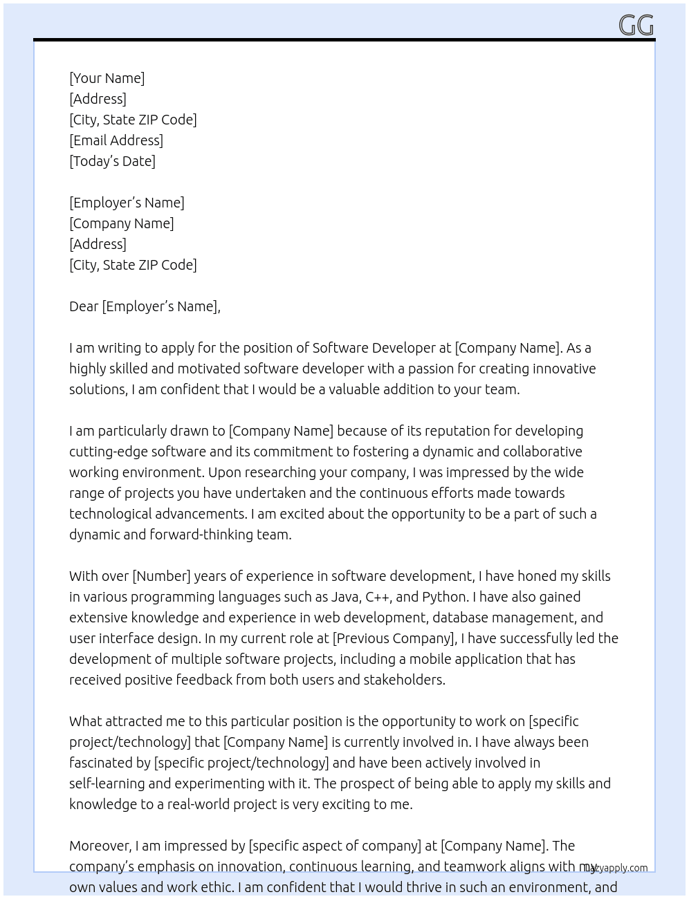 Software Developer At gg Cover Letter