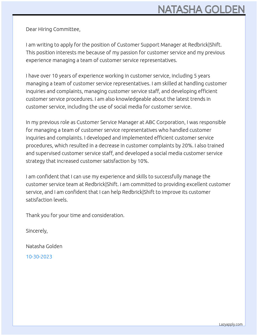 Customer Support Manager At Redbrick|Shift Cover Letter