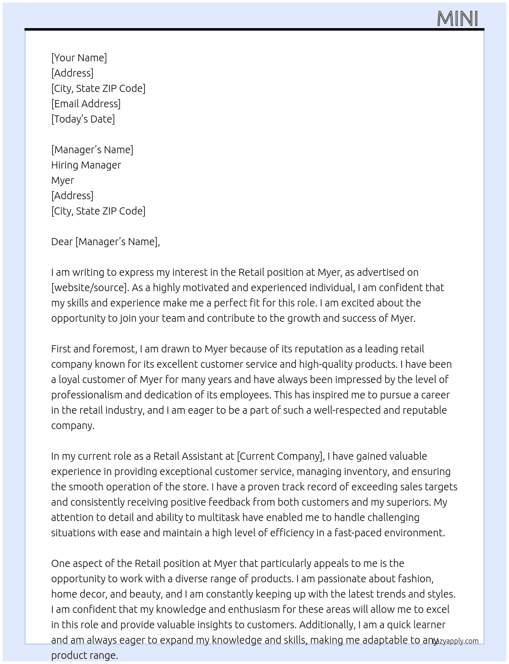 Retail  At Myer Cover Letter
