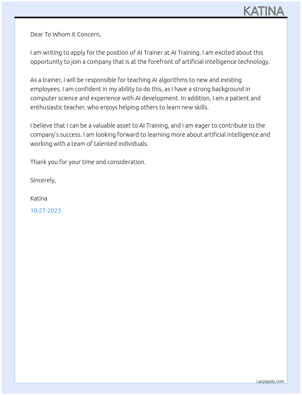 AI Trainer  At AI Training Cover Letter