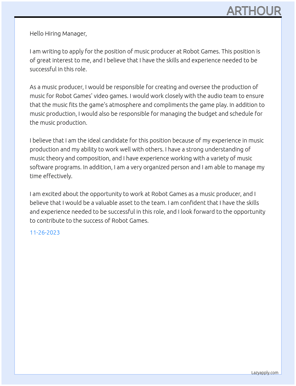music prroducer At robot games Cover Letter