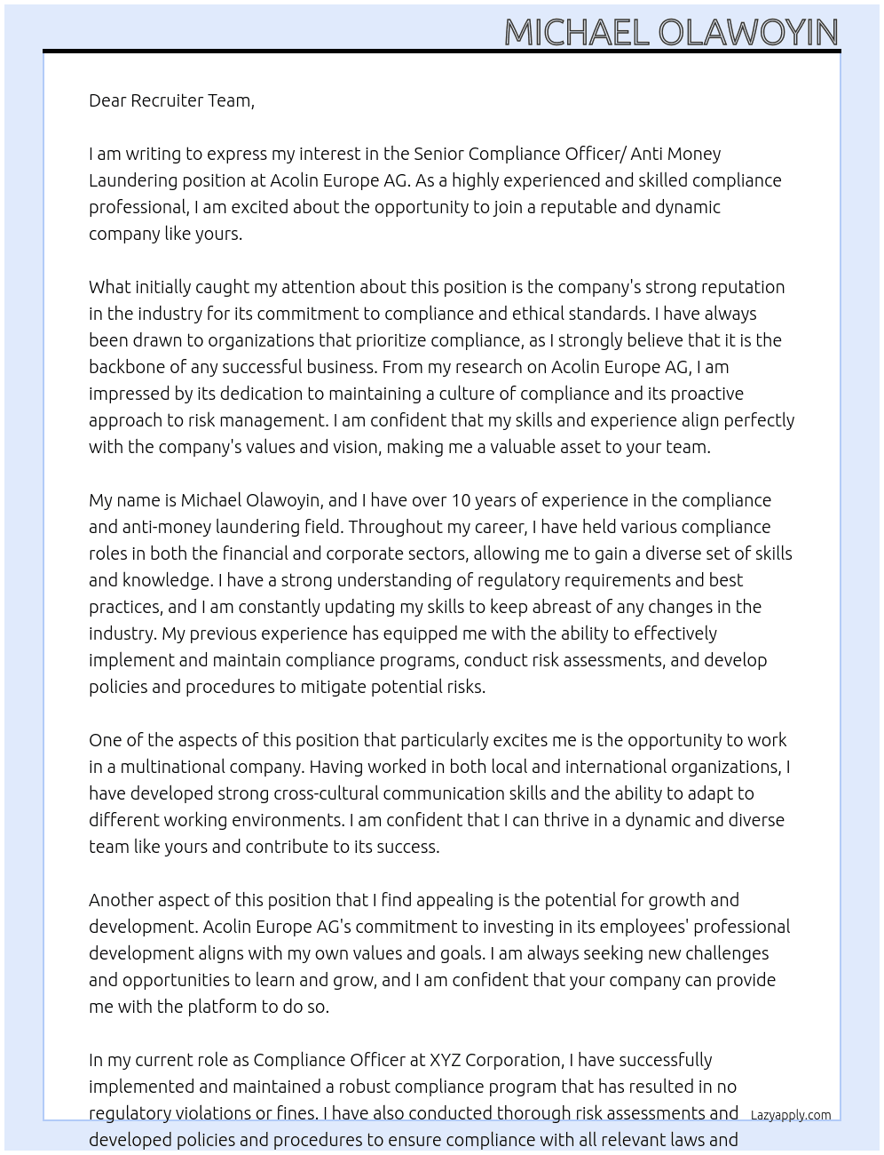 Senior compliance Officer/ anti money laundering  At Acolin Europe AG Cover Letter