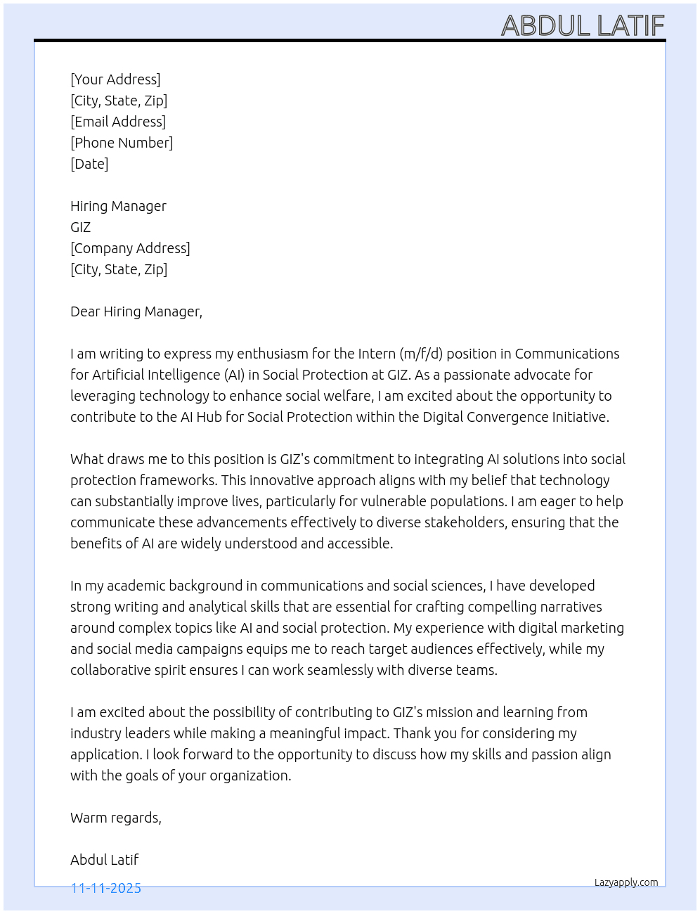 Intern (m/f/d) – Communications for Artificial Intelligence (AI) in Social Protection / AI Hub for Social Protection of the DCI (Digital Convergence Initiative) At GIZ Cover Letter