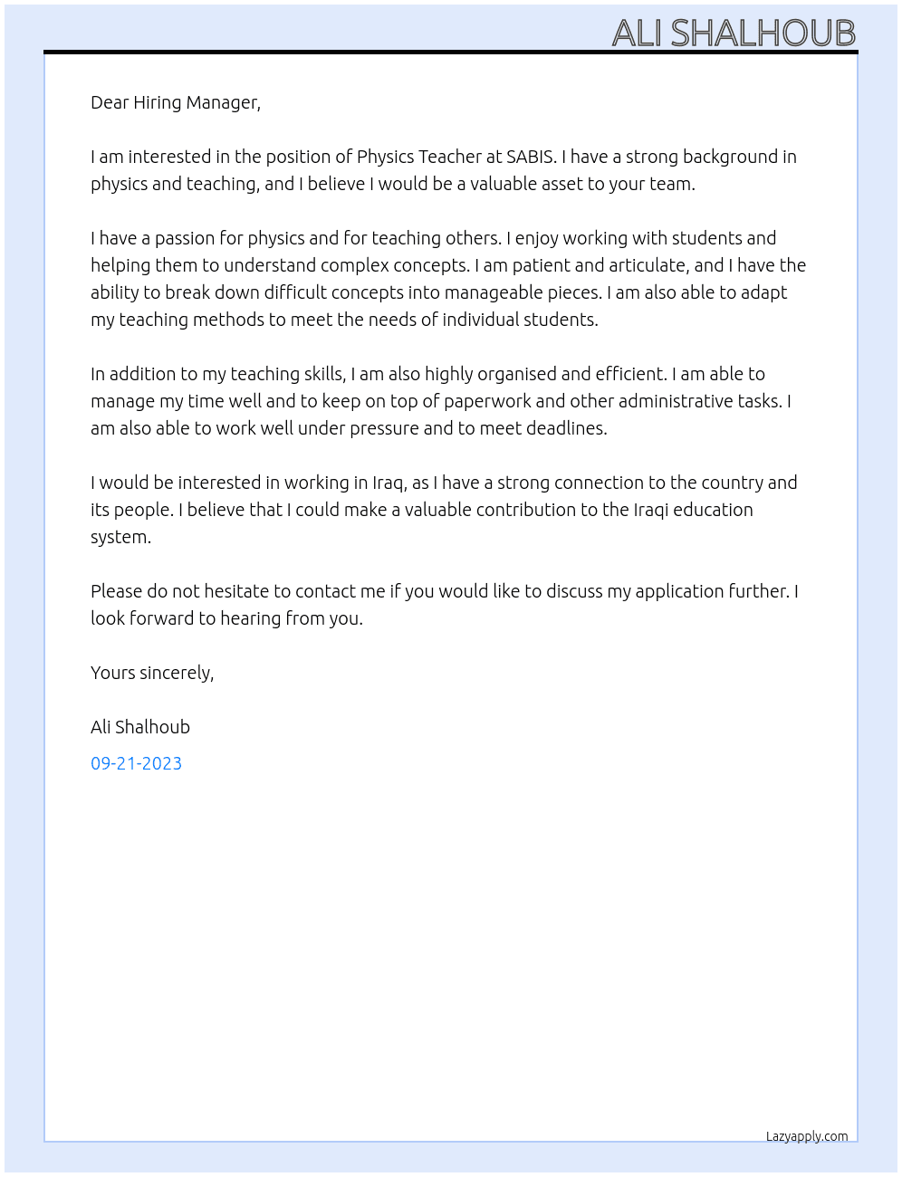 Physics Teacher At SABIS Cover Letter