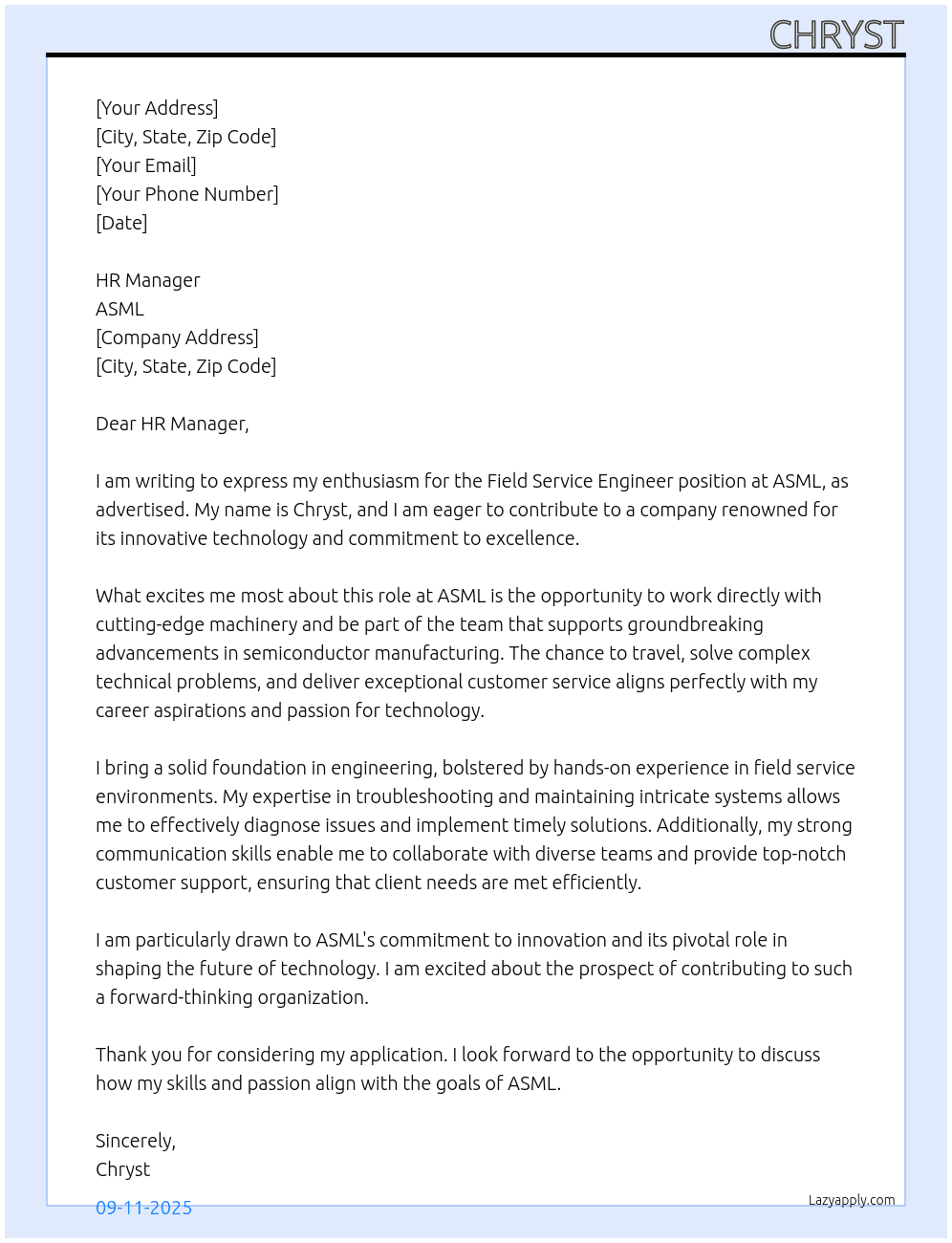 Cover letter for field service engineer - LazyApply