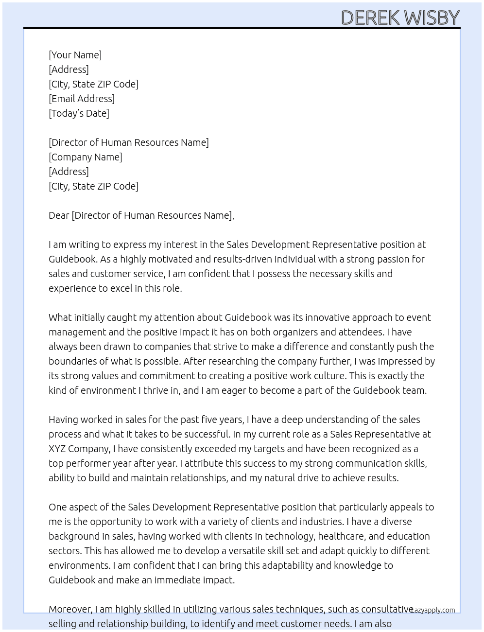 Sales Development Representative  At Guidebook Cover Letter