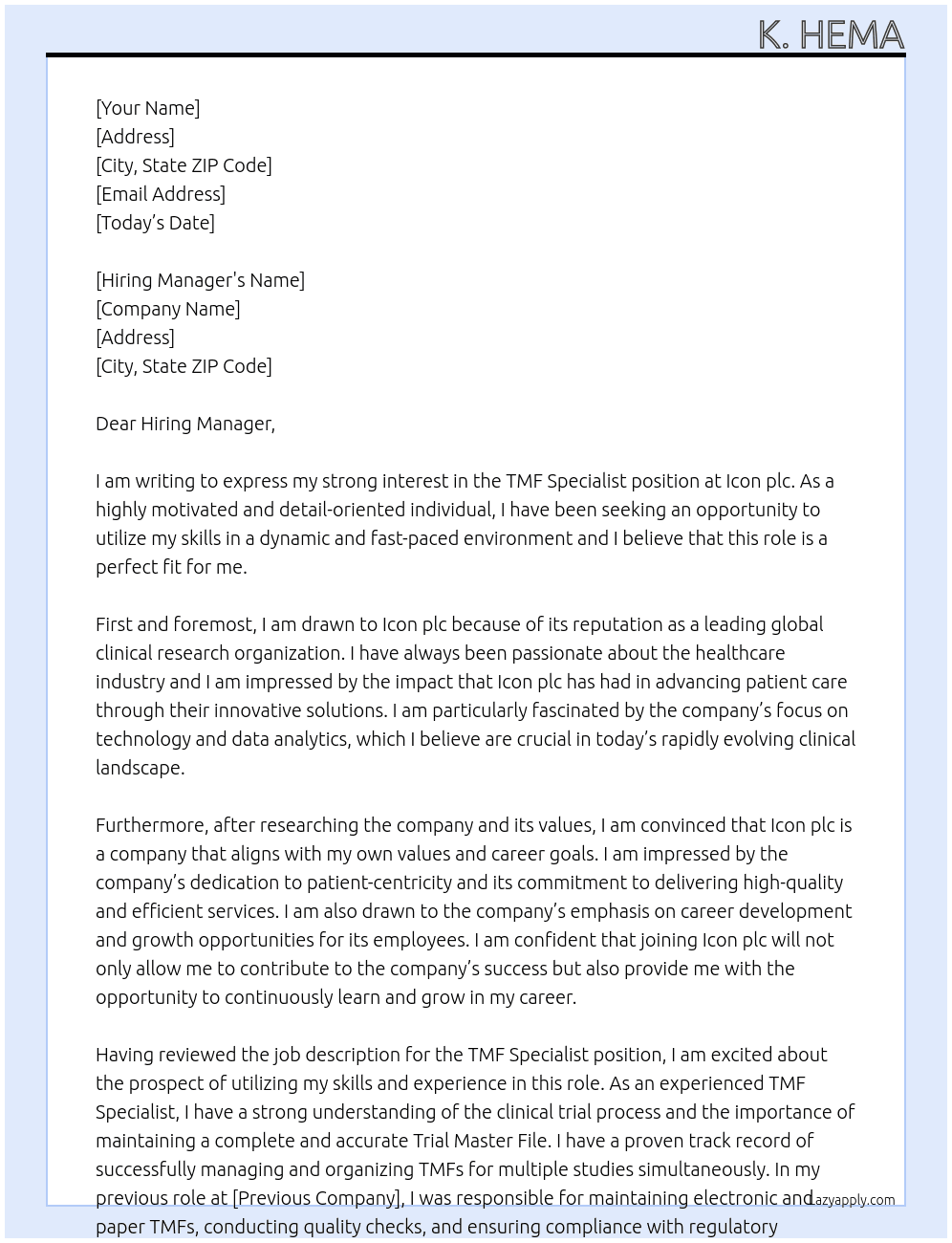 TMF Specialist At Icon plc Cover Letter