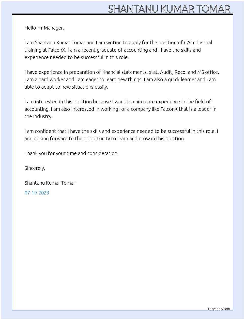 CA industrial training  At FalconX Cover Letter