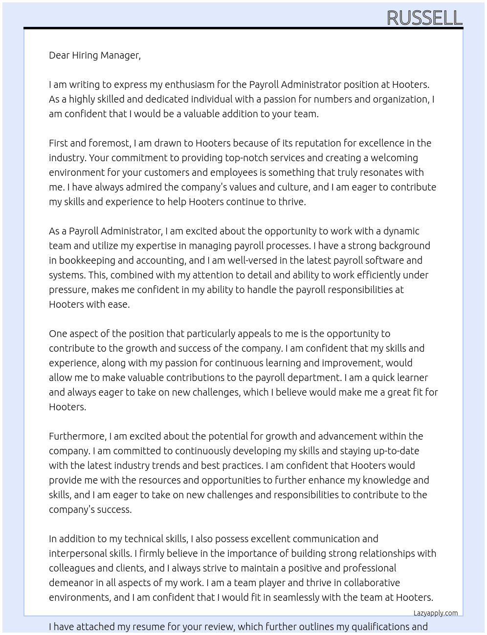 Payroll Administrator At Hooters Cover Letter