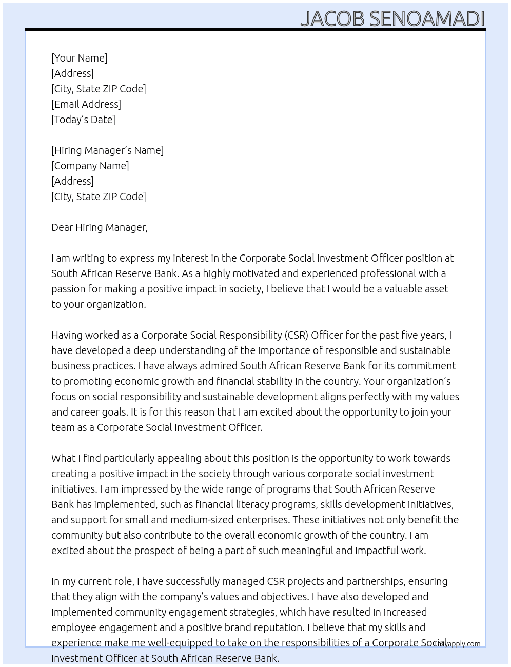Corporate Social Investment Officer At South African Reserve Bank Cover Letter