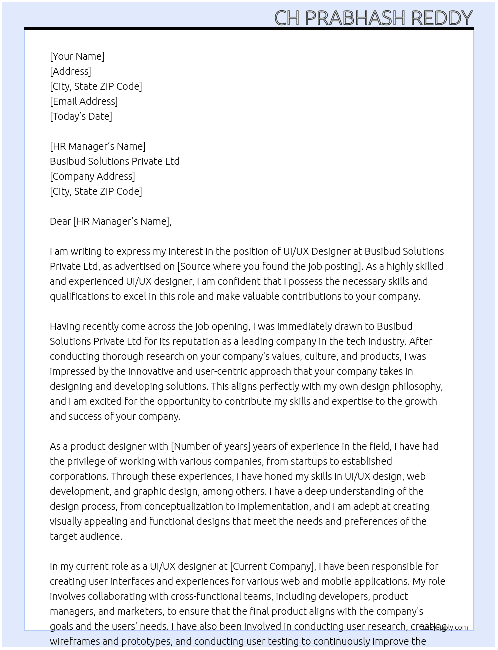 UI/UX designer , product designer At Busibud Solutions Private Ltd  Cover Letter