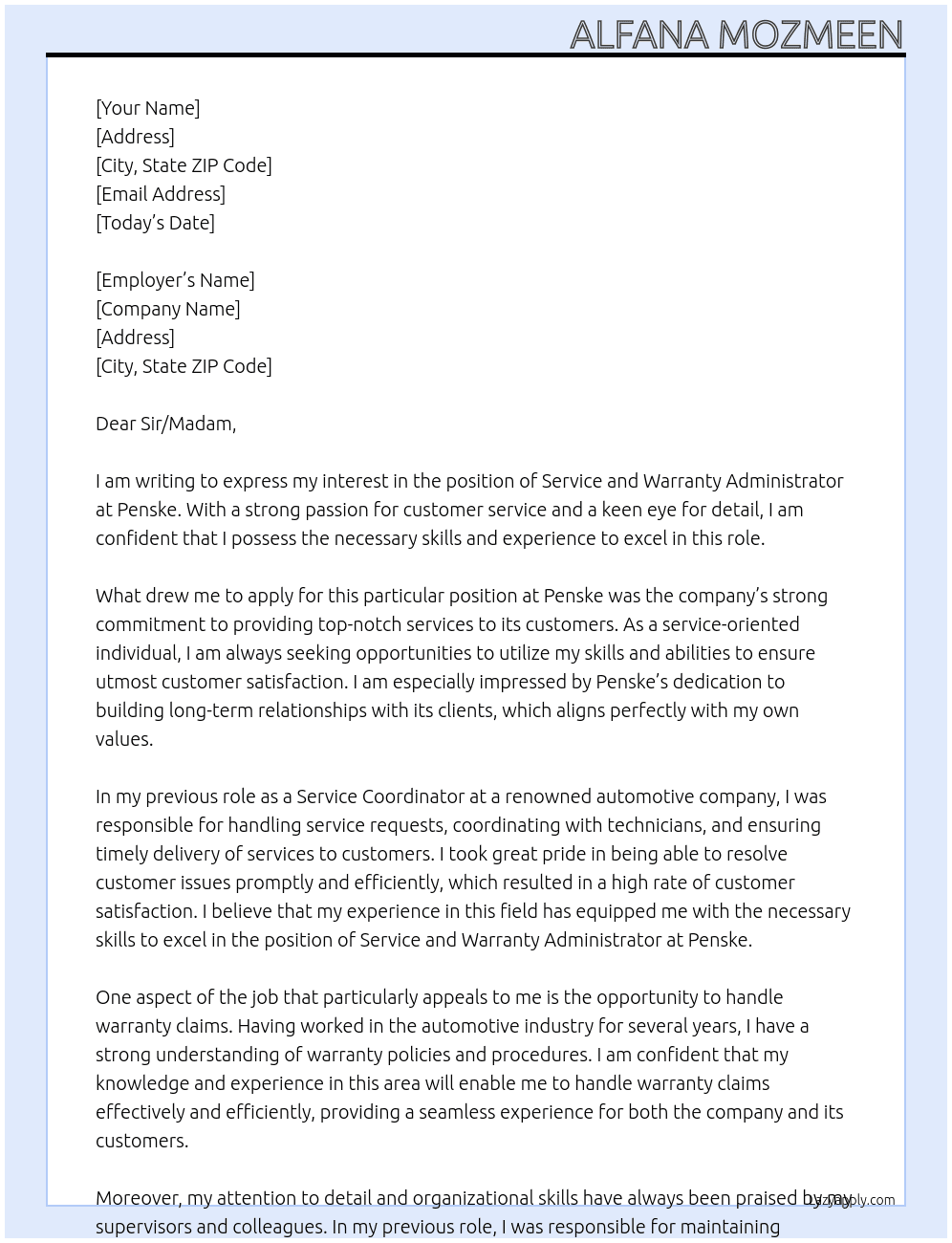 Service and Warranty Administrator At Penske Cover Letter