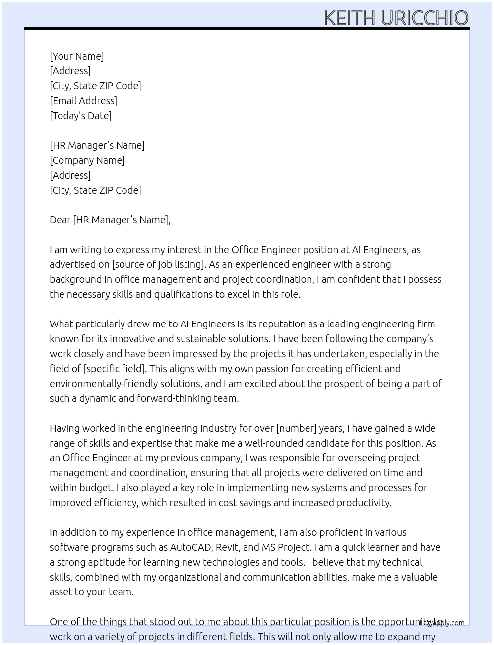 Office Engineer At AI Engineers Cover Letter