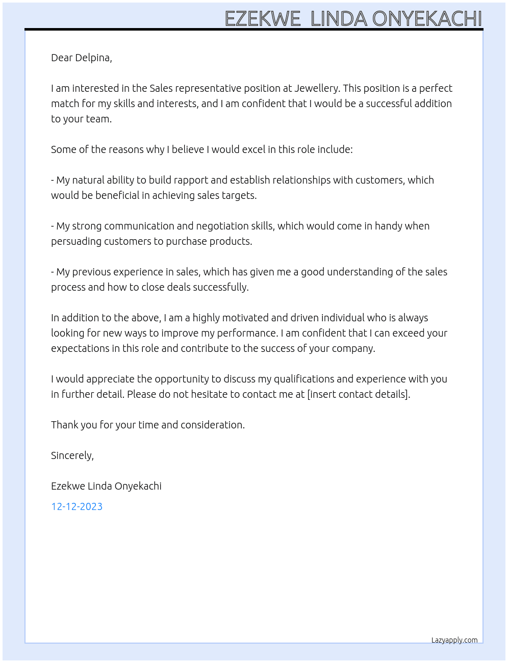 Sales representative  At Jewellery  Cover Letter