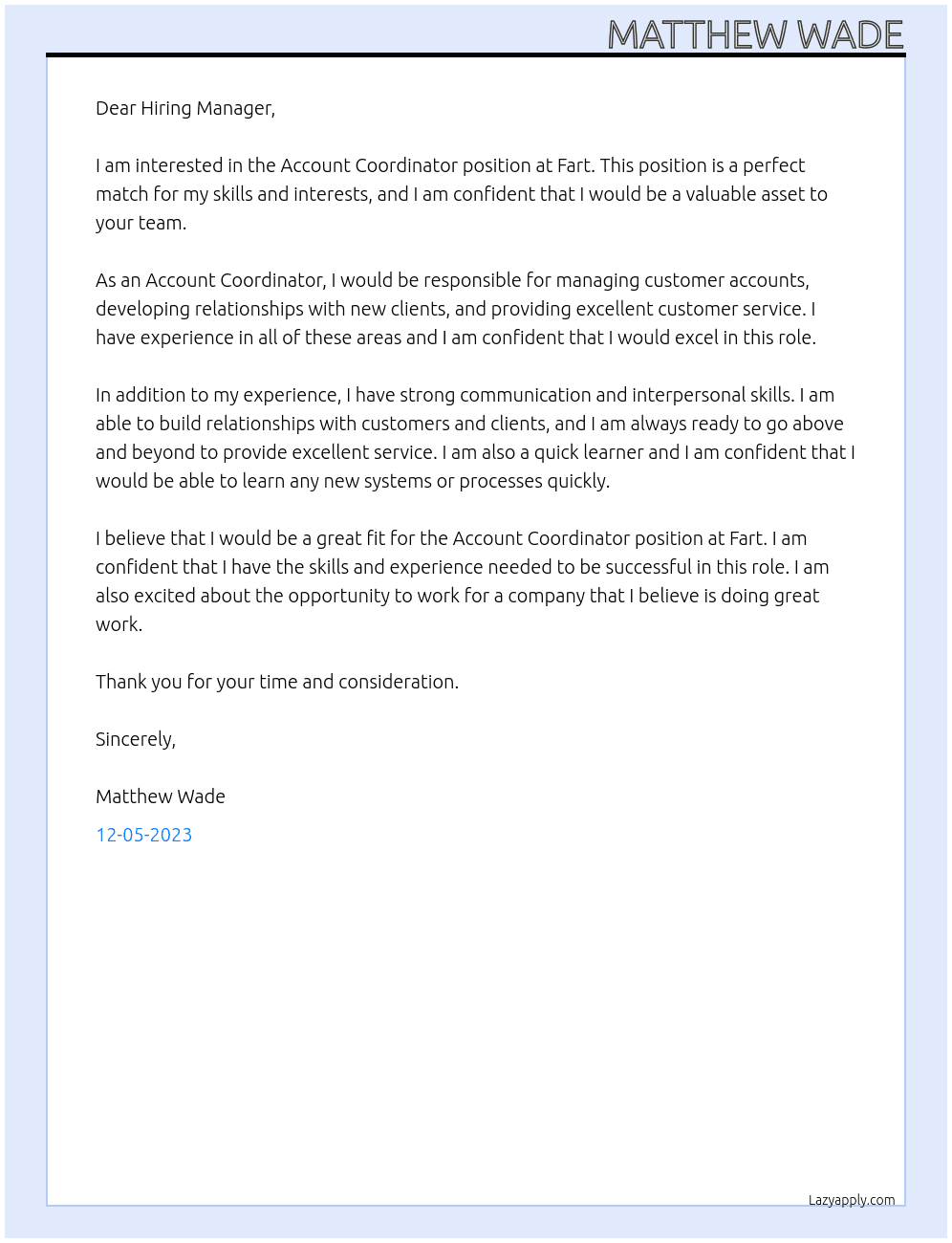 Account Coordinator At Fart Cover Letter