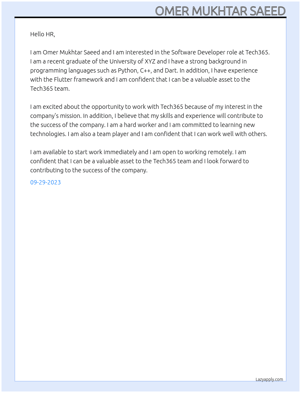 Software developer At Tech365 Cover Letter