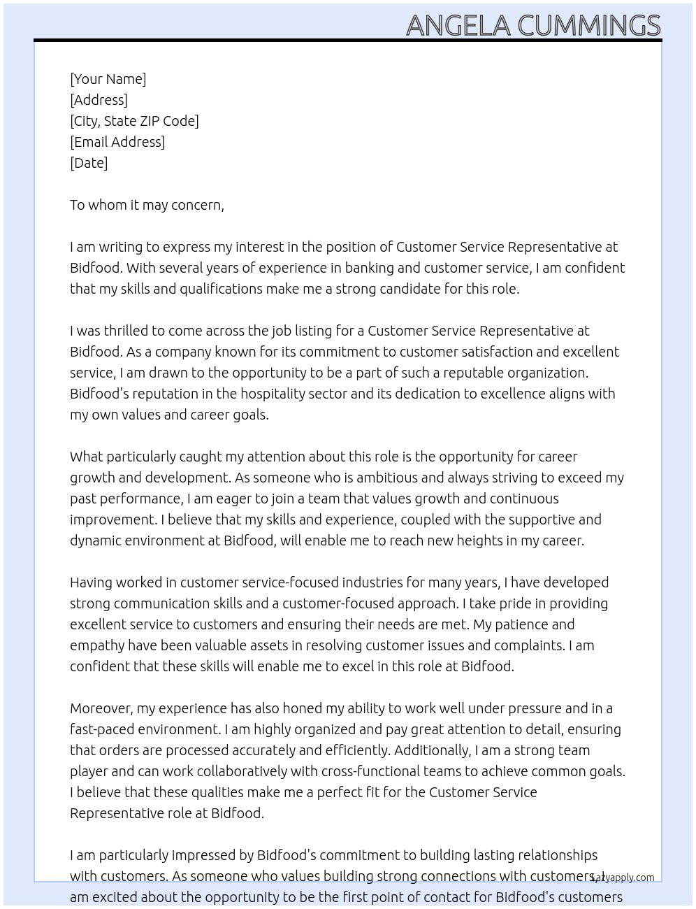 Customer Service Representative At Bidfood Cover Letter